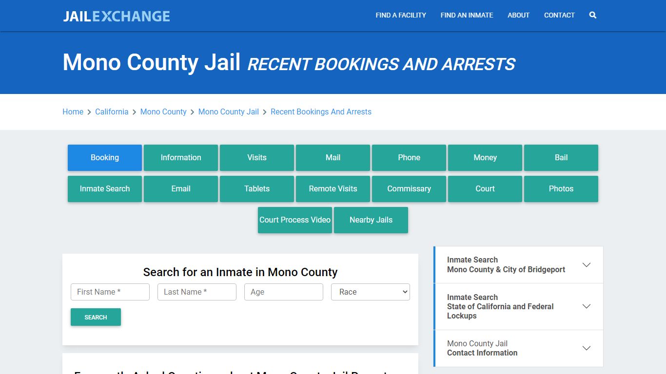 Mono County Jail Recent Bookings And Arrests - Jail Exchange